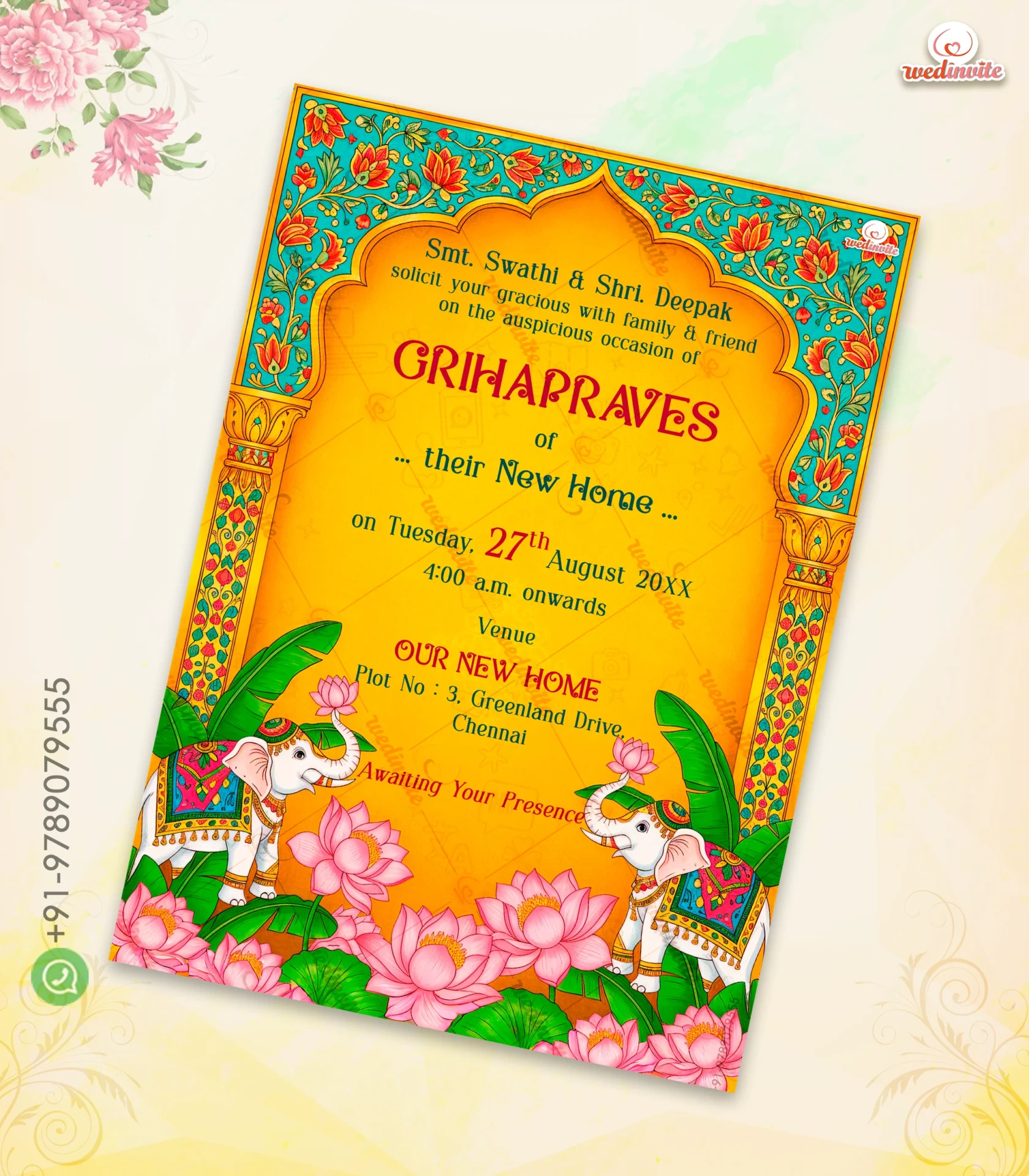 W8360 Indian Elephant Lotus GrihaPravesh Invitation - Image 1
