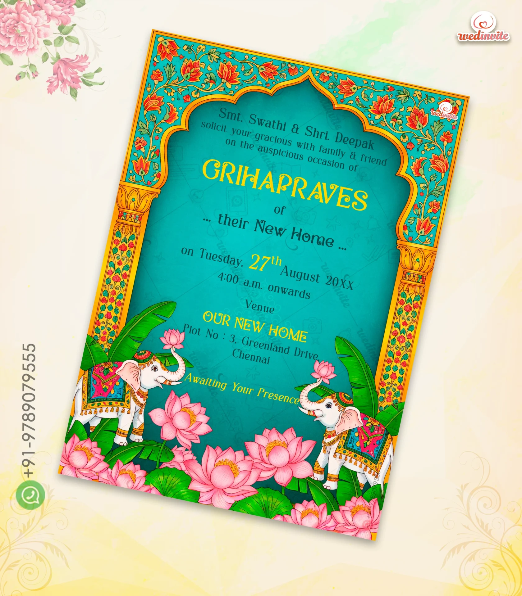 W8385 Elephant Lotus Arch Housewarming Invitation - Image 1