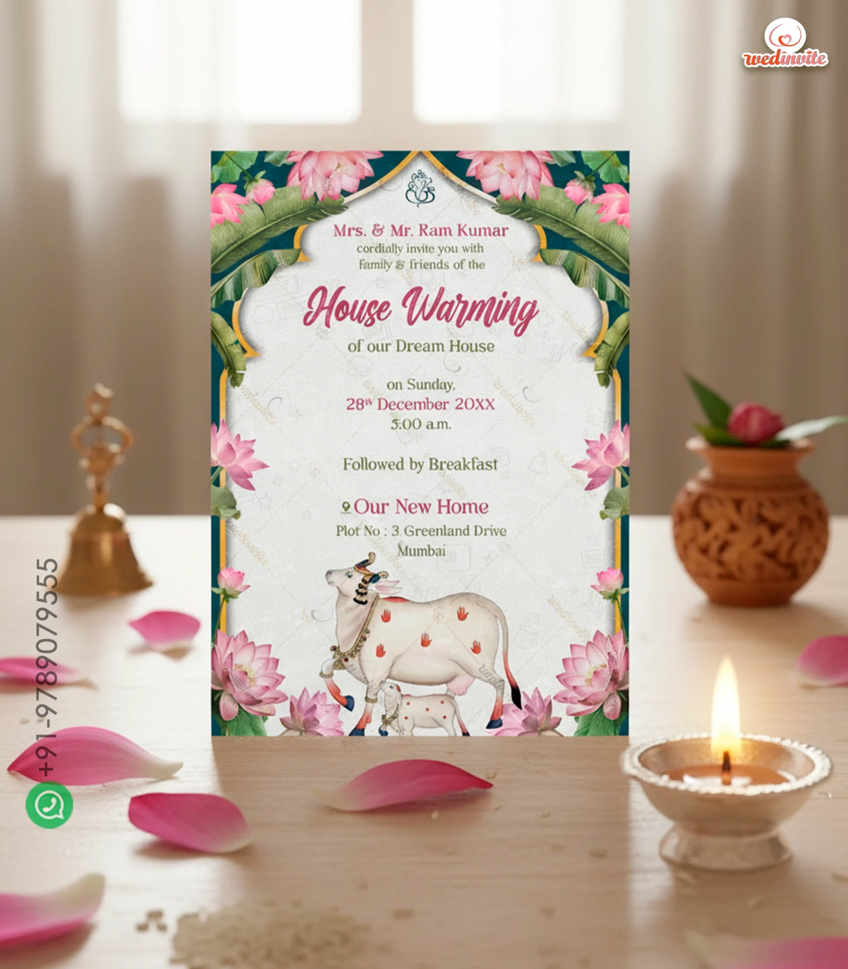 Lotus_Theme_Houswarming_Card_Wm W8375 Pichwai Art Lotus GrihaPravesh Invite - Image 1