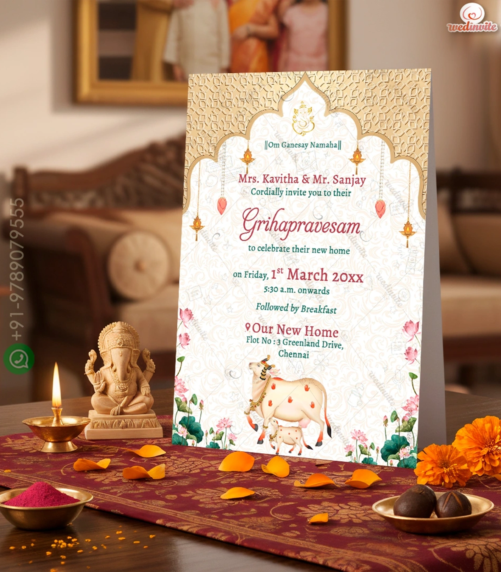 Pichuvai_Painting_Theme_Houswarming_Card_post W8365 Pichwai Painting Theme Housewarming - Image 1