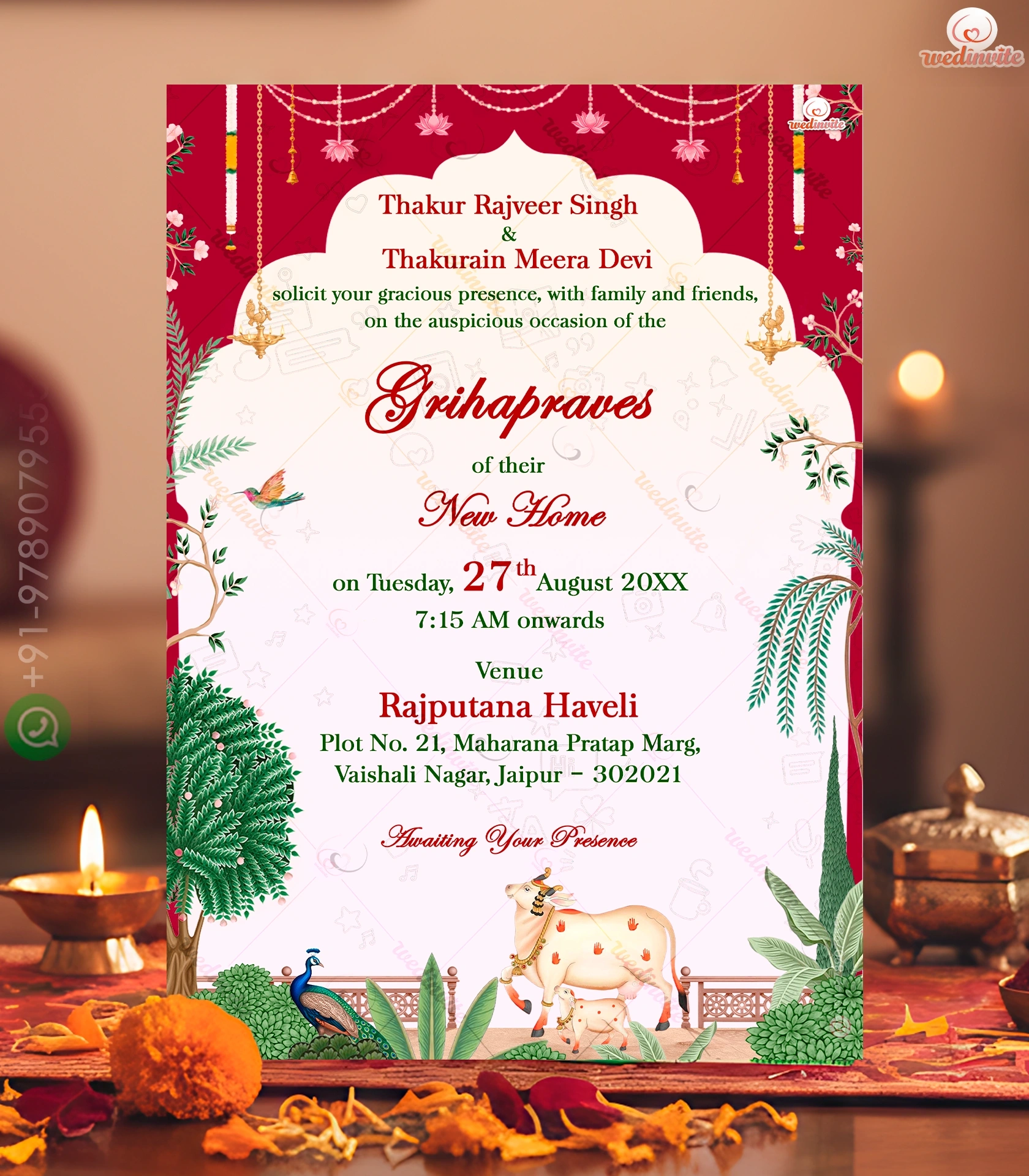 Rajput_Royal_Housewarming_Card_Wm insa post W8380 Royal Pichwai Housewarming Invitation - Image 1