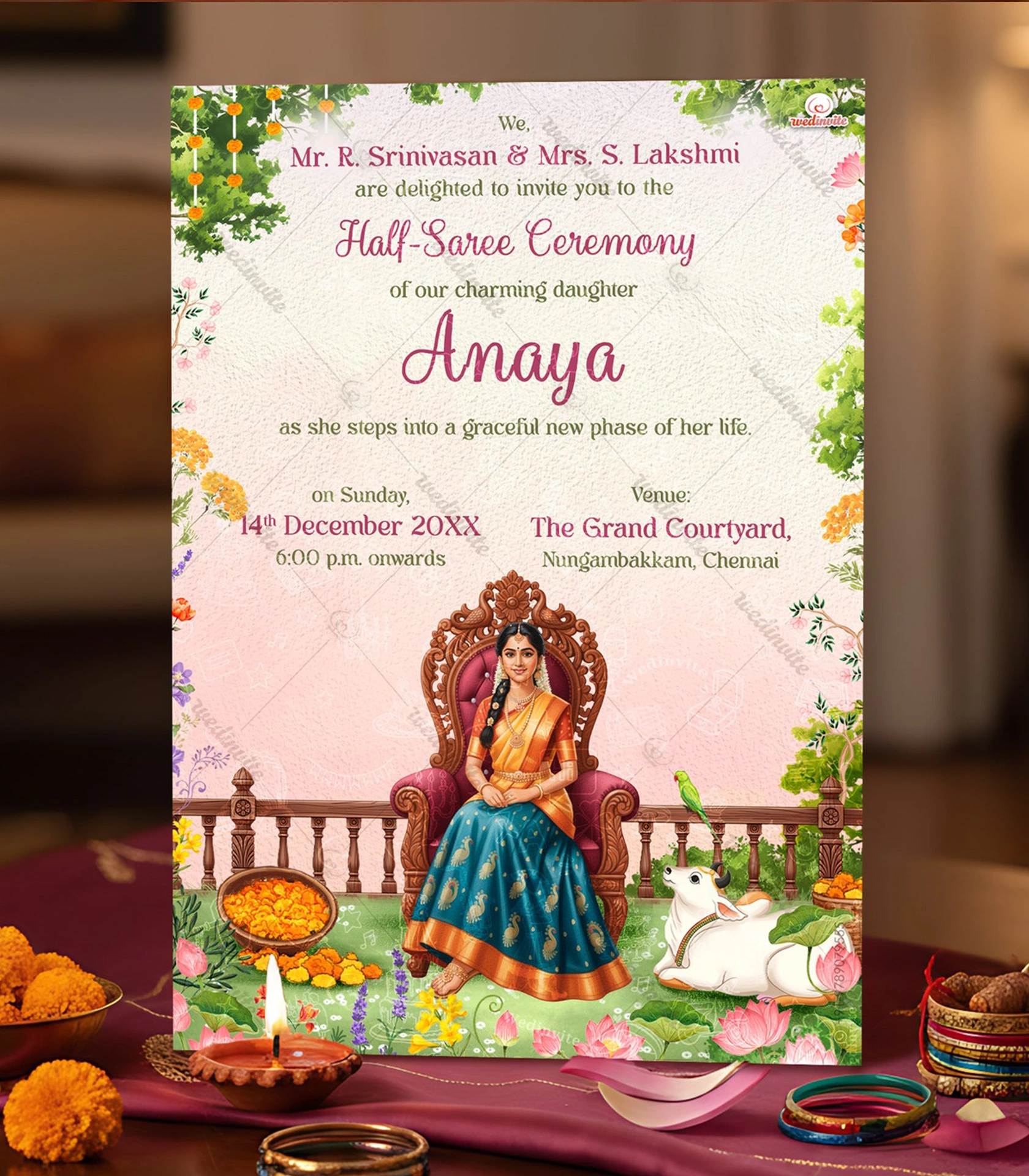 Anaya_Artistic_Half-Saree_Card_Template_1 W8250 Artistic Half-Saree Invitation - Image 1