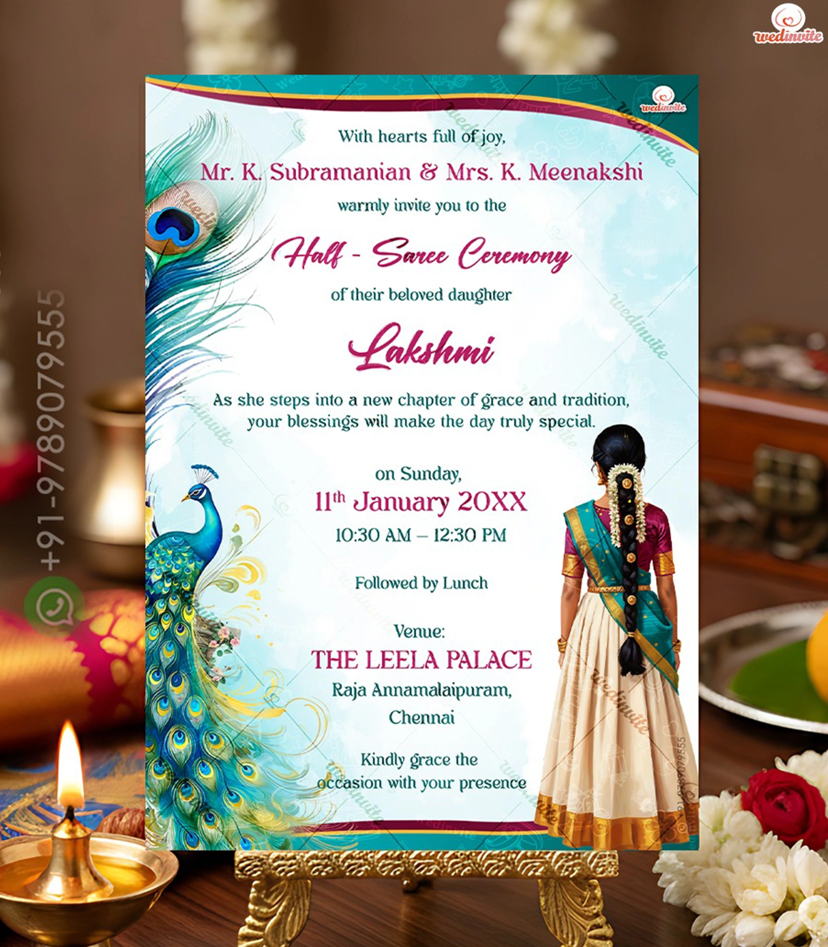 Lakshmi_Peacock_Theme_Half-Saree_Card_Template_5 W8275 Peacock Theme Half-Saree Invitation - Image 1