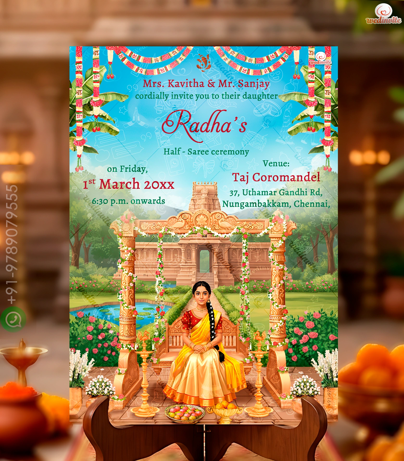 Radha_Traditional_Half-Saree_Card_Template_4 W8270 Traditional Half-Saree Invitation - Image 1