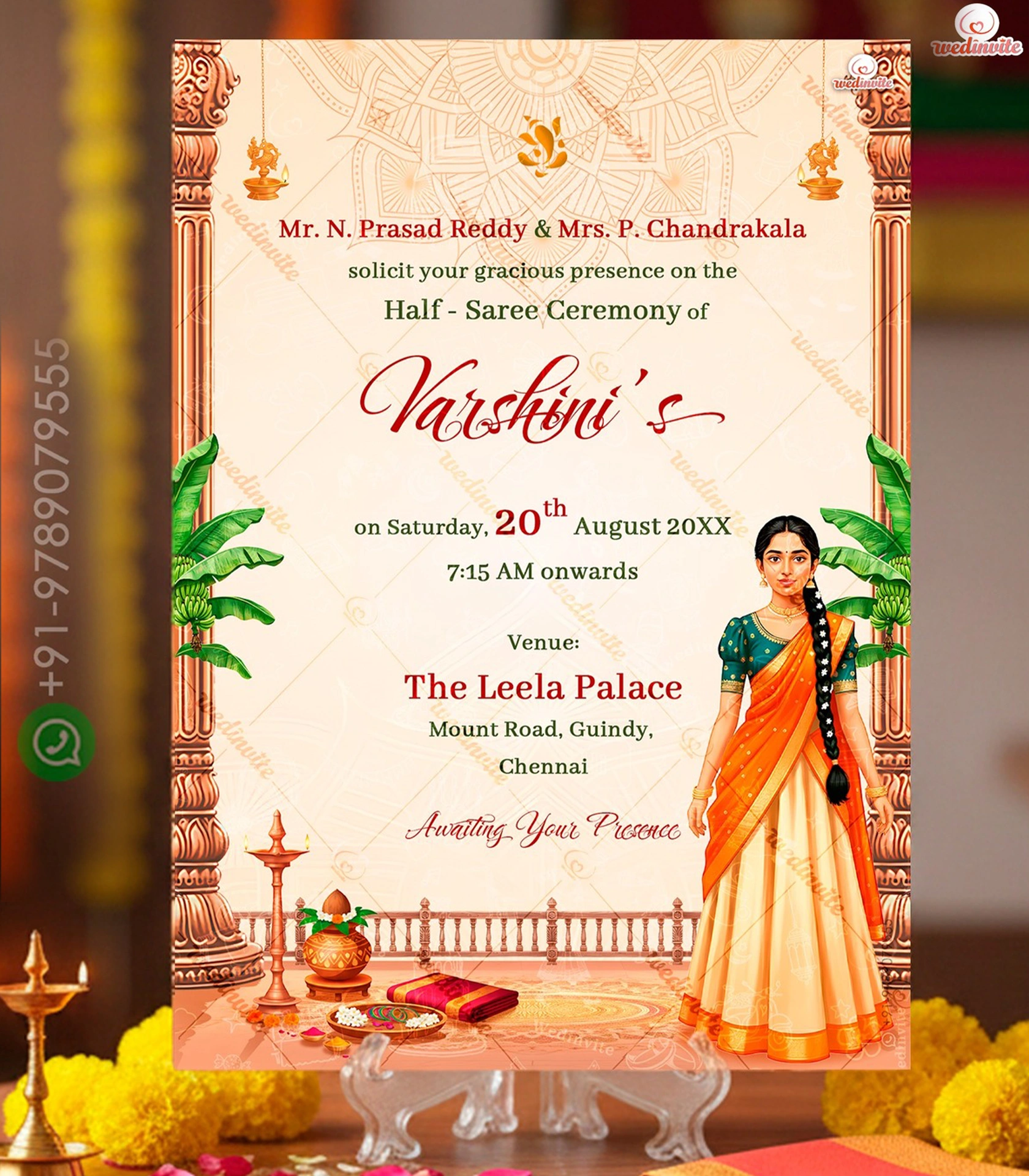 Varshini_Traditional_Theme_Half-Saree_Invite_Template_9 W8300 Traditional Puberty Invitation - Image 1